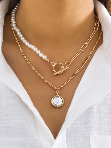 Damen Halsketten Set - Zweilagig mit Perlen- und Gliederkette