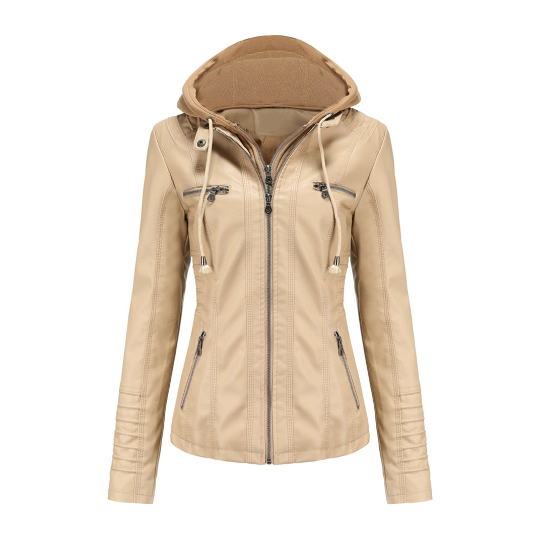 Women's jacket in moto style with hood - slim fit outerwear