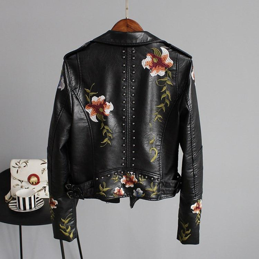 Dam Svart Jacka i Blommig Moto-Stil - Broderad Överdel