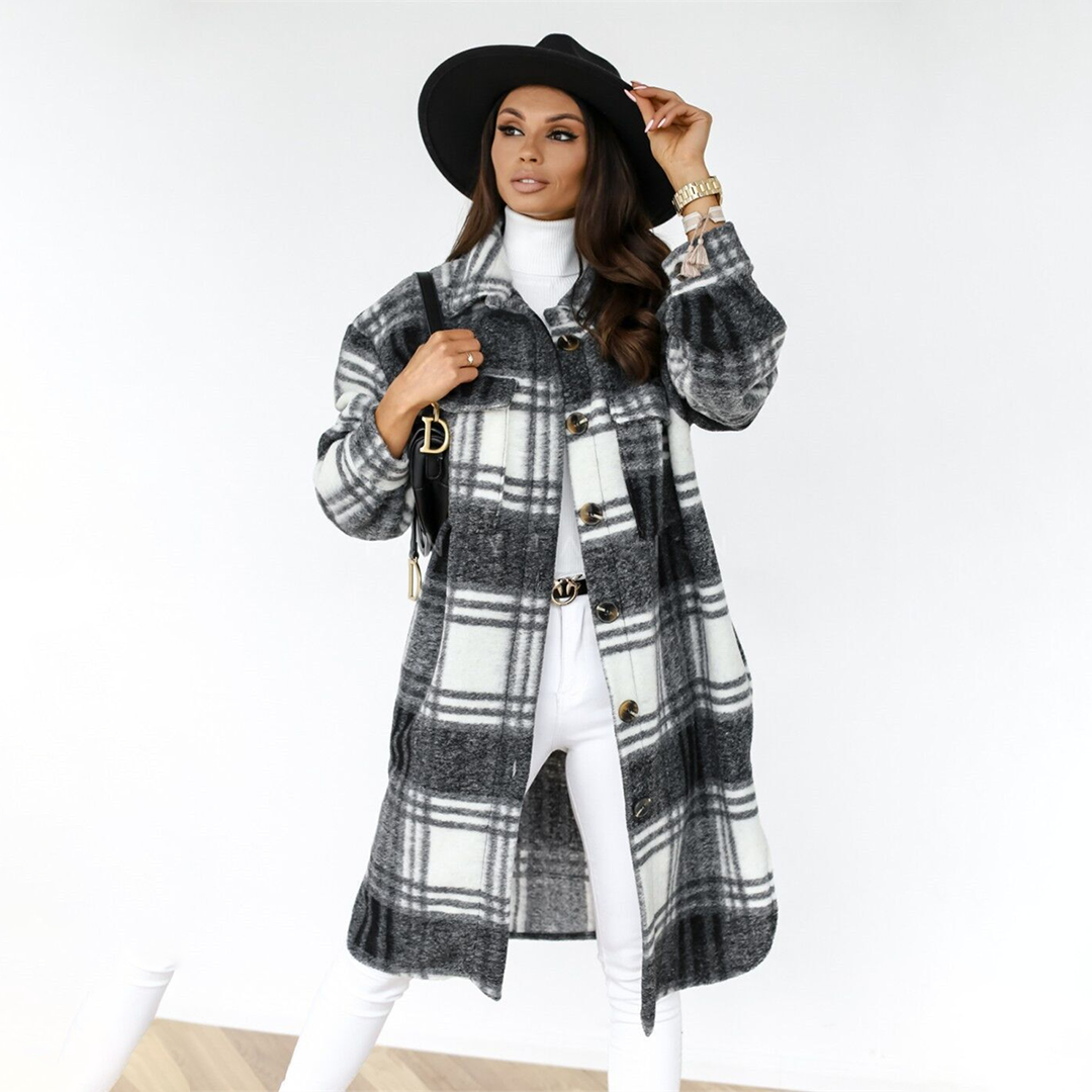 Damen Oversized Karierter Mantel - Entspannte Passform & Knopfleiste