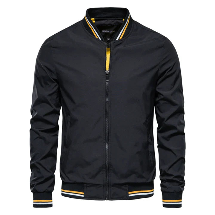 Men's Zipper Bomber Jacket - Striped Cuffs & Hem