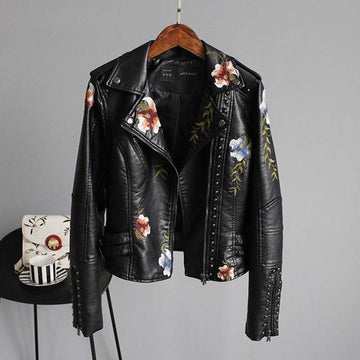 Dame Sort Jakke i Blomstret Moto-Stil - Broderet Overbeklædning