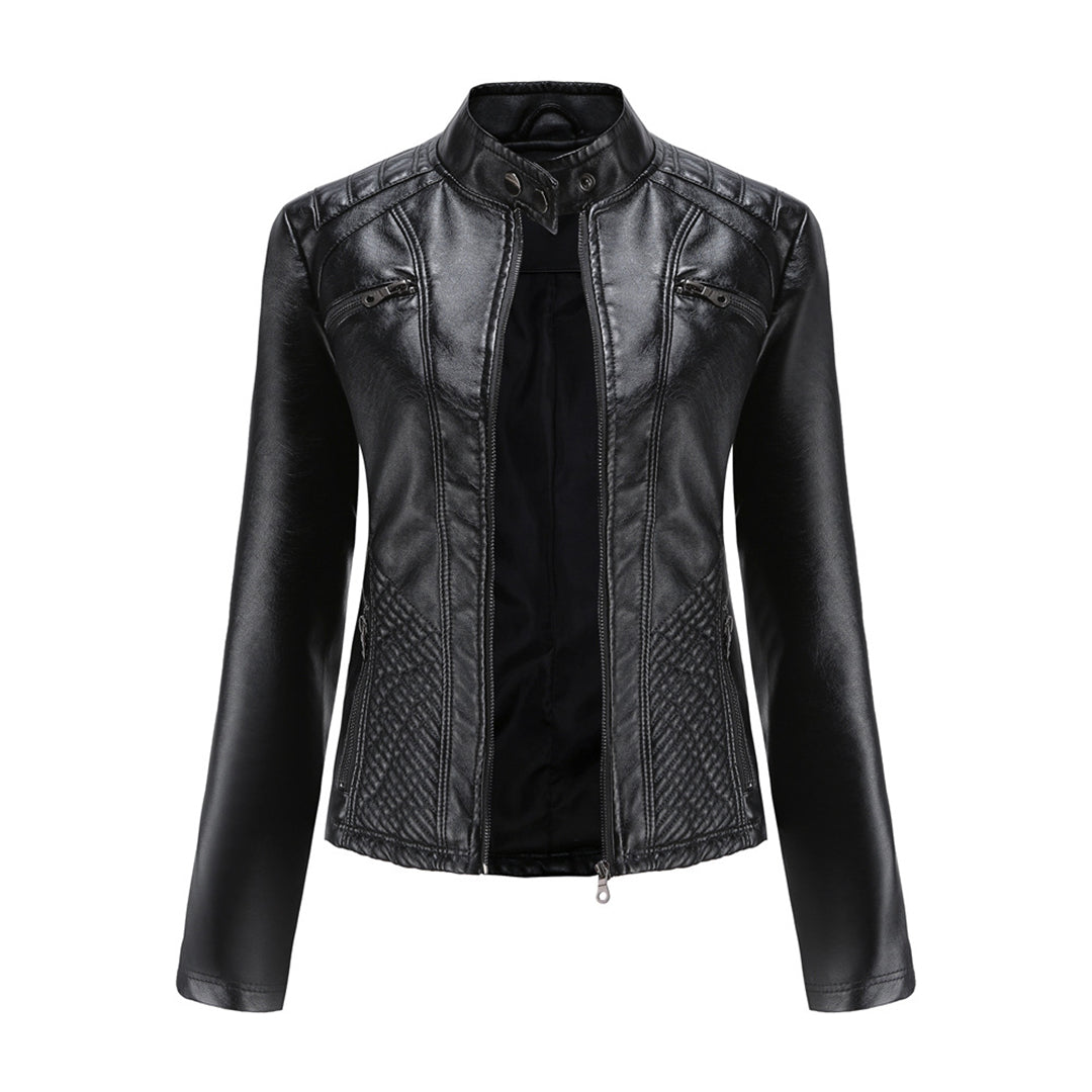 Damen Bikerjacke mit Hohem Kragen - Reißverschluss mit Gesteppten Details