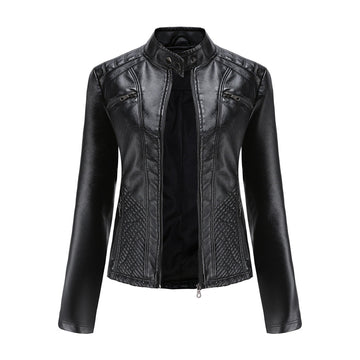 Women's biker jacket with high collar - zipper with quilted details