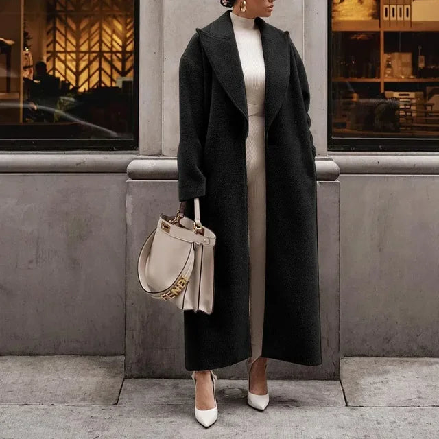 Damen Langer Mantel – Kerb-Reverskragen mit Aufgesetzten Taschen