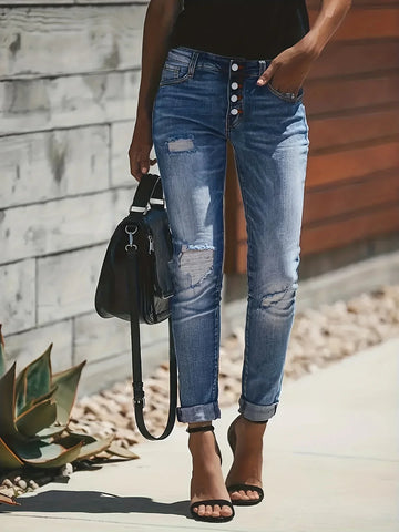 Damen Ripped Button Fly Jeans - Hochtailliert & Schmale Passform