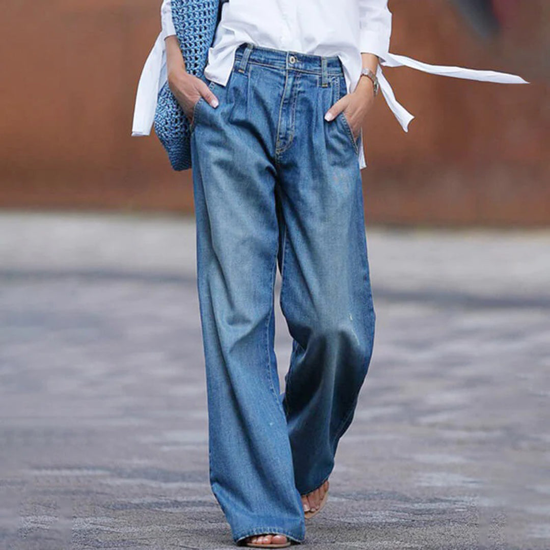 Damen Blaue Weite Jeans - Plissiert & Lockere Passform