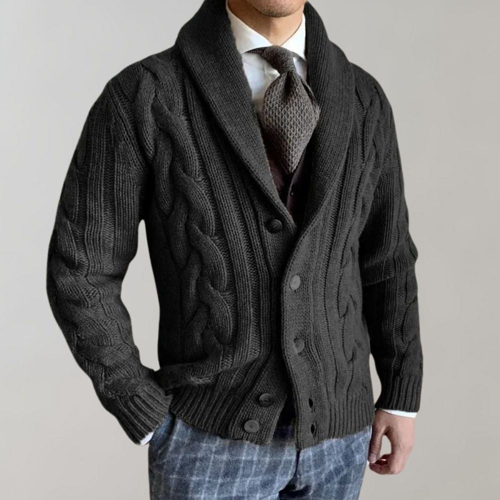 Herren-Zopfmuster-Cardigan - Schalkragen-Stil