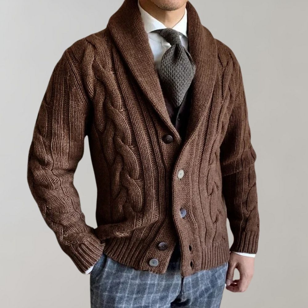 Herren-Zopfmuster-Cardigan - Schalkragen-Stil