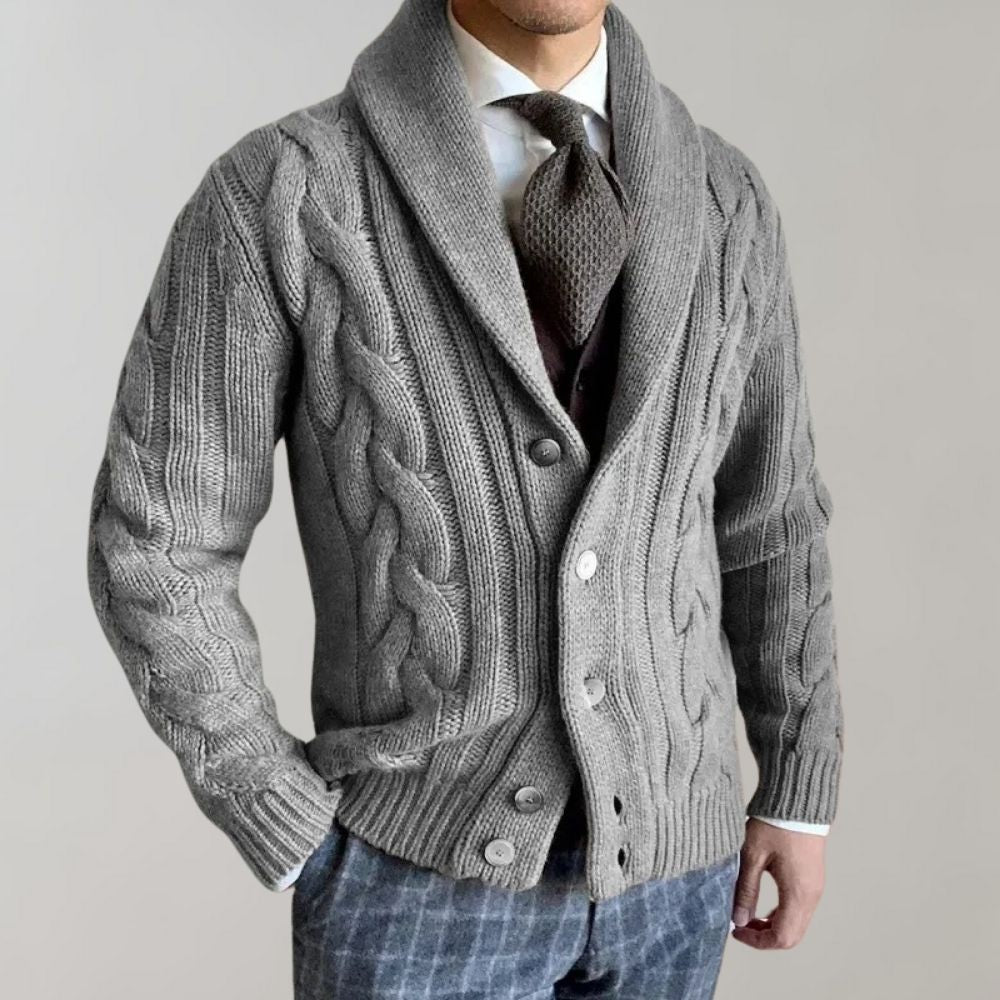 Herren-Zopfmuster-Cardigan - Schalkragen-Stil