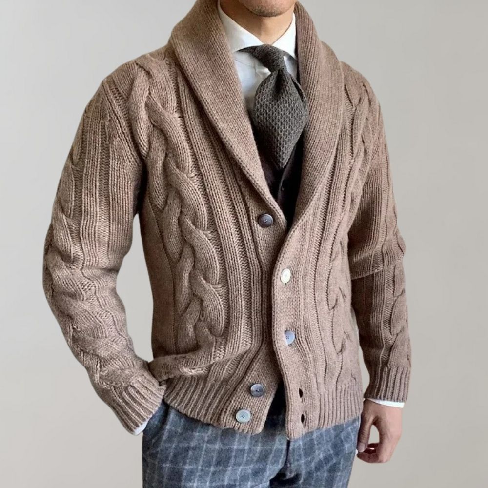 Herren-Zopfmuster-Cardigan - Schalkragen-Stil