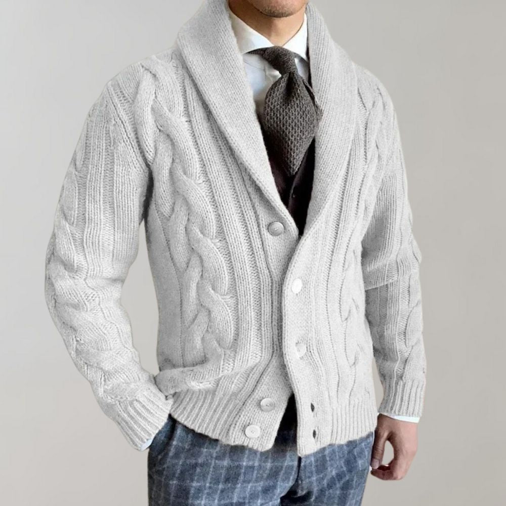 Herren-Zopfmuster-Cardigan - Schalkragen-Stil