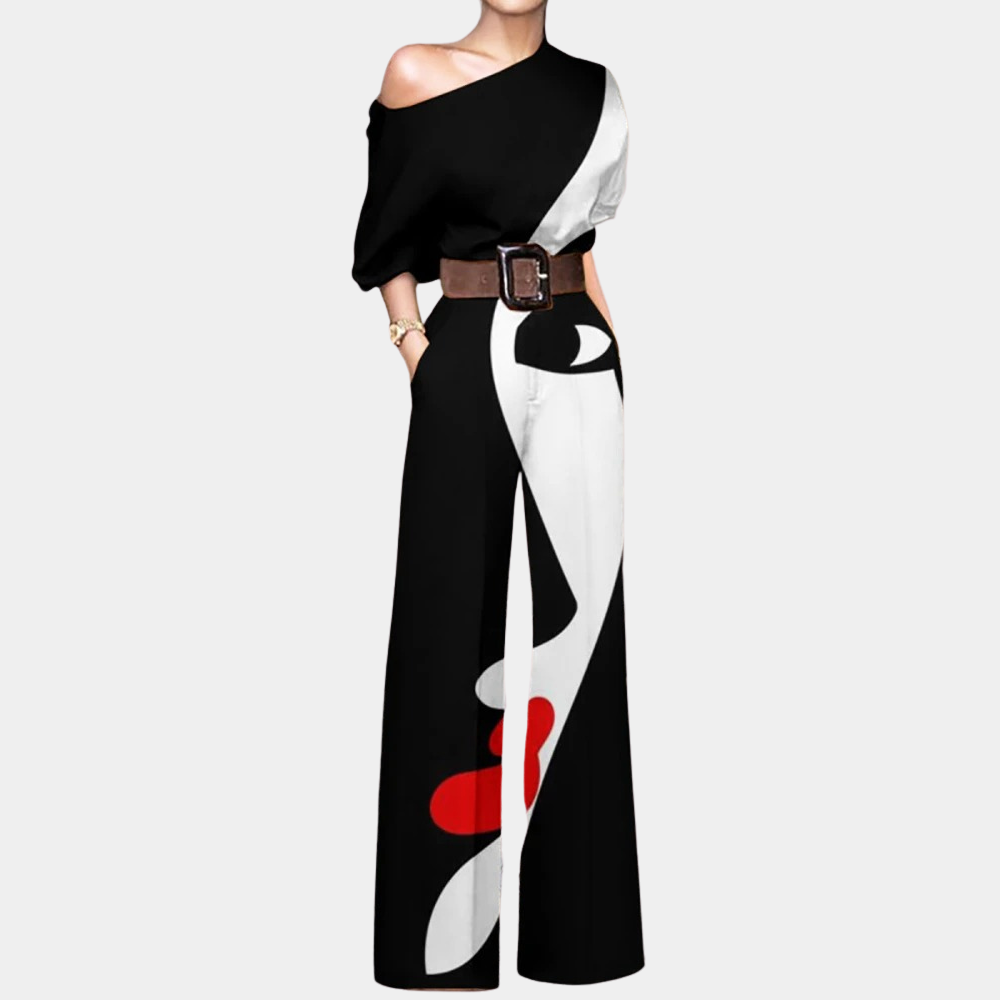 Women's Printed Jumpsuit - Off-Shoulder Design & Wide-Leg
