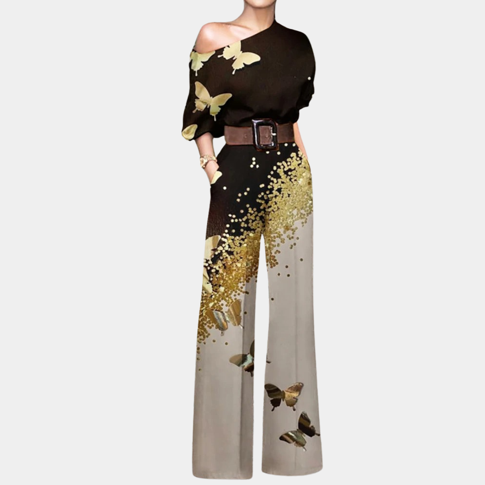 Women's Printed Jumpsuit - Off-Shoulder Design & Wide-Leg