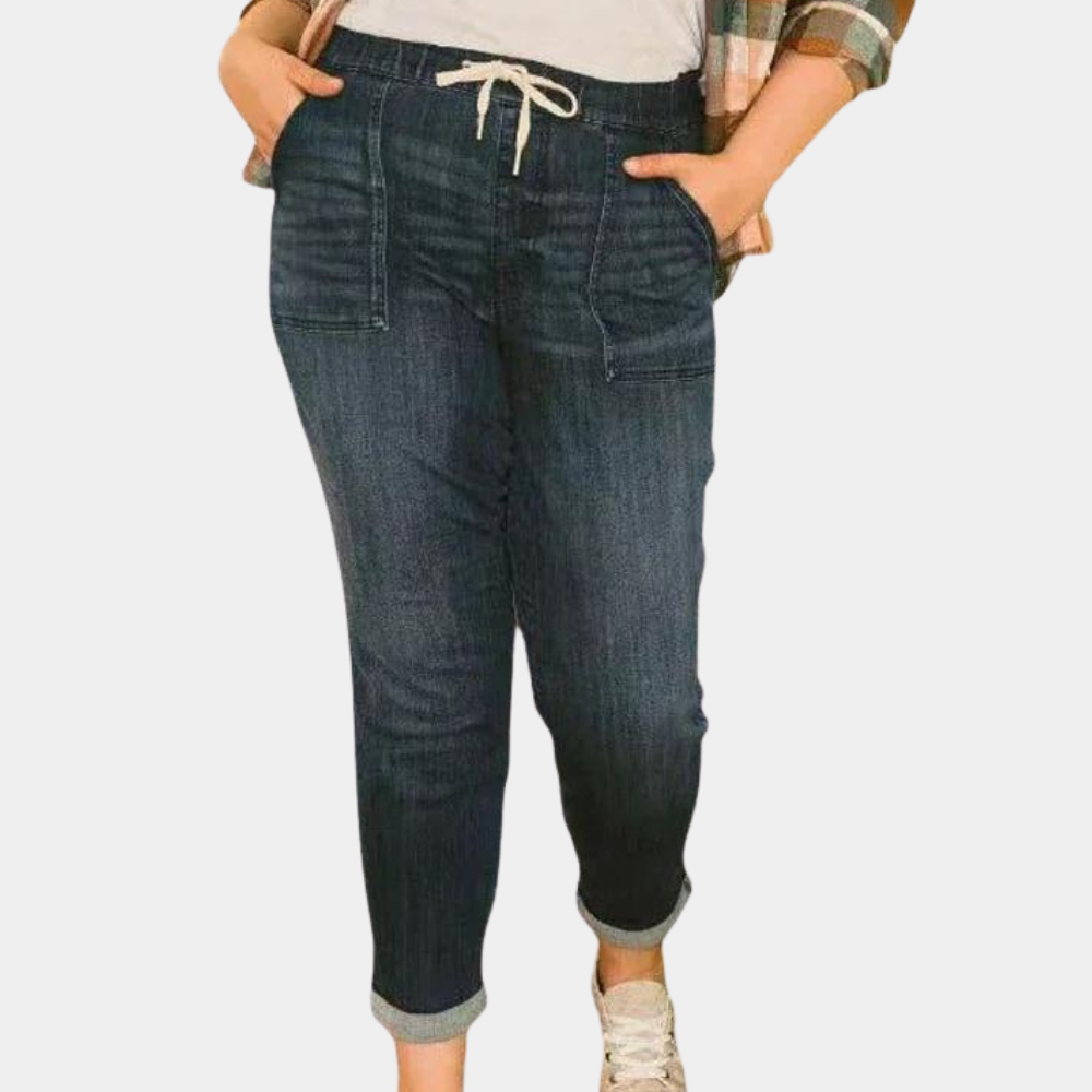 Women's jeans with high waist - drawstring & patch pockets
