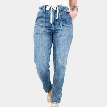Damen Jeans mit hohem Bund - Kordelzug & aufgesetzte Taschen