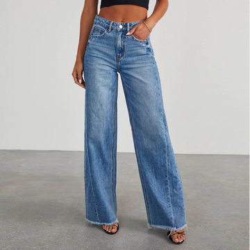 Damen Blaue Weite Jeans - Hohe Taille & Ausgefranster Saum