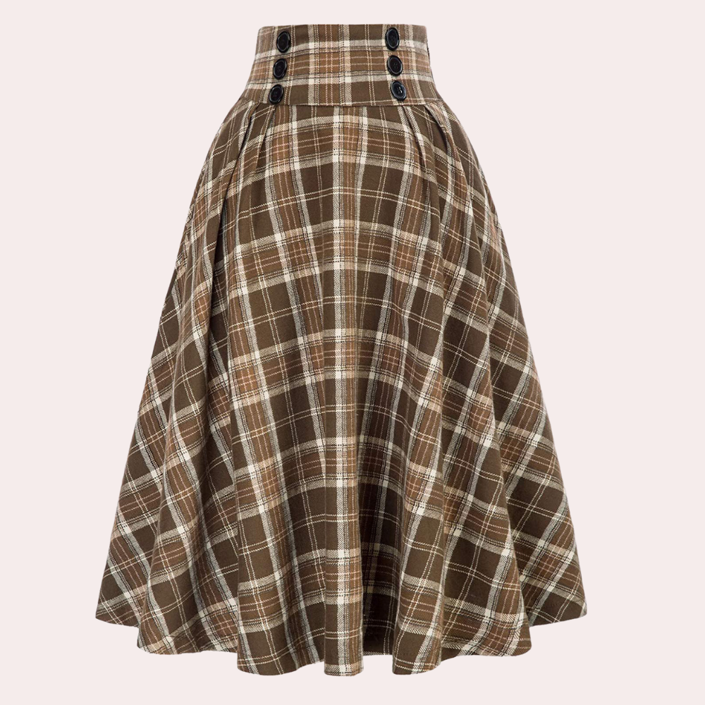 Damen Hochtaillierter Faltenrock - A-Linien-Midi mit Knopf-Details