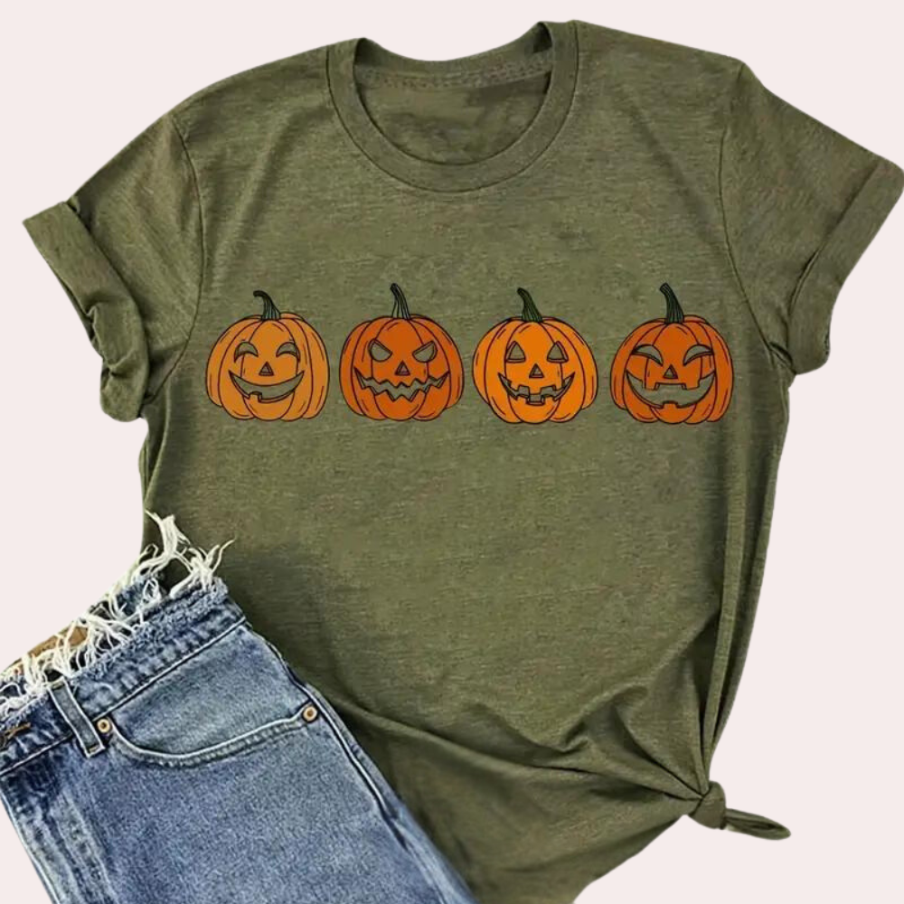Dam Kortärmad Halloween T-shirt - Avslappnad passform med pumpa-tryck