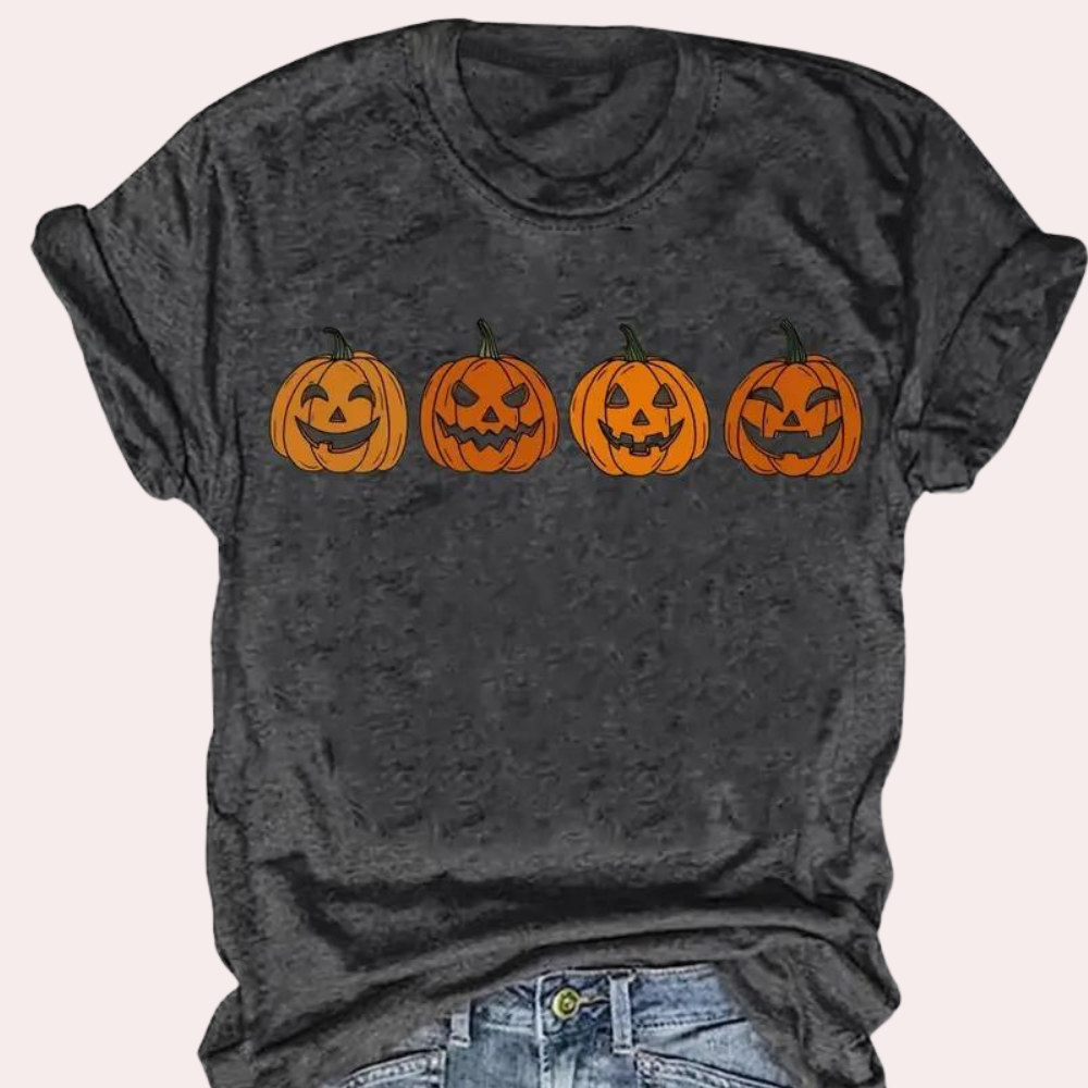 Damen Kurzarm Halloween T-shirt - Entspannte Passform mit Kürbis-Print