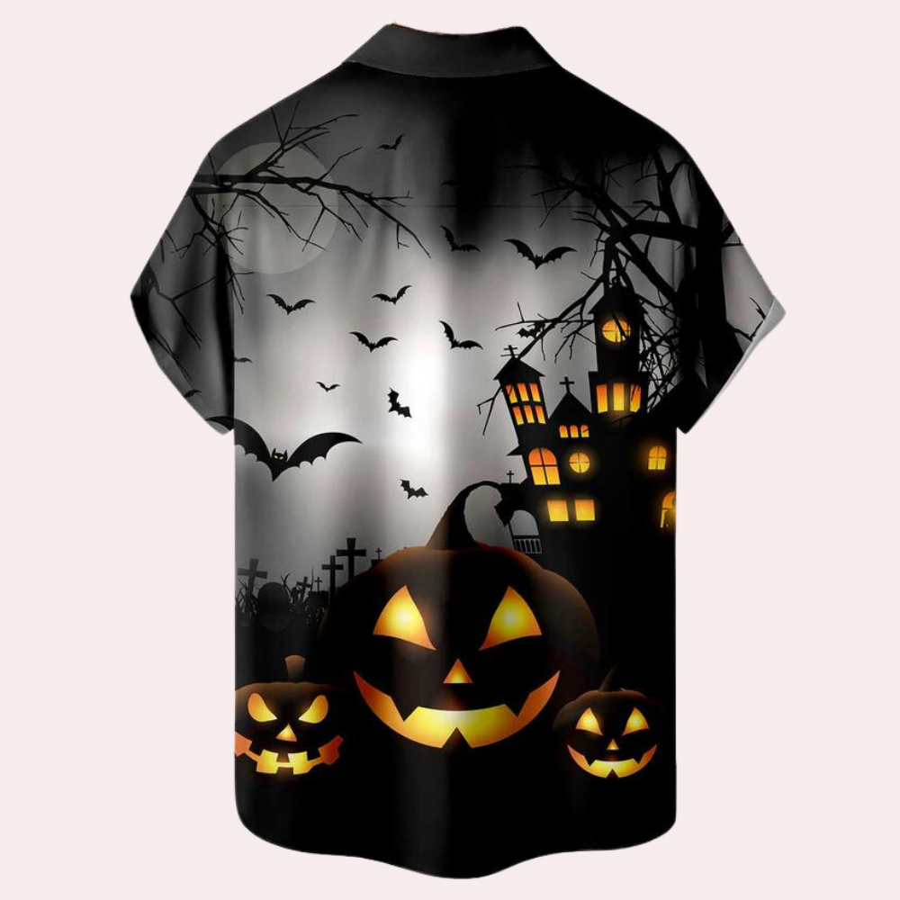 Men's Black Halloween Shirt Costume - Buttoned with Spooky Pattern
