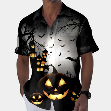 Herren Schwarzes Halloween Hemd Kostüm - Geknöpft mit gruseligem Muster