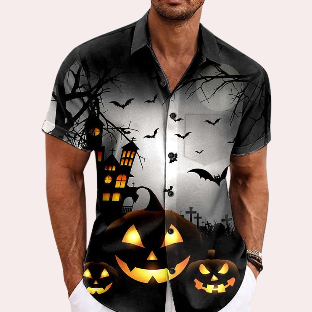 Herren Halloween Hemd - Kurzarm mit Grusel-Print und Knopfleiste