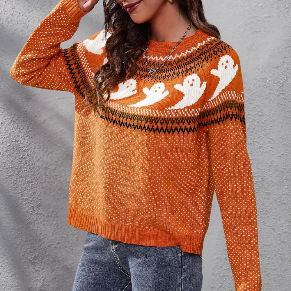 Damen Strick-Geister-Print Halloween Pullover - Langarm & Rundhalsausschnitt
