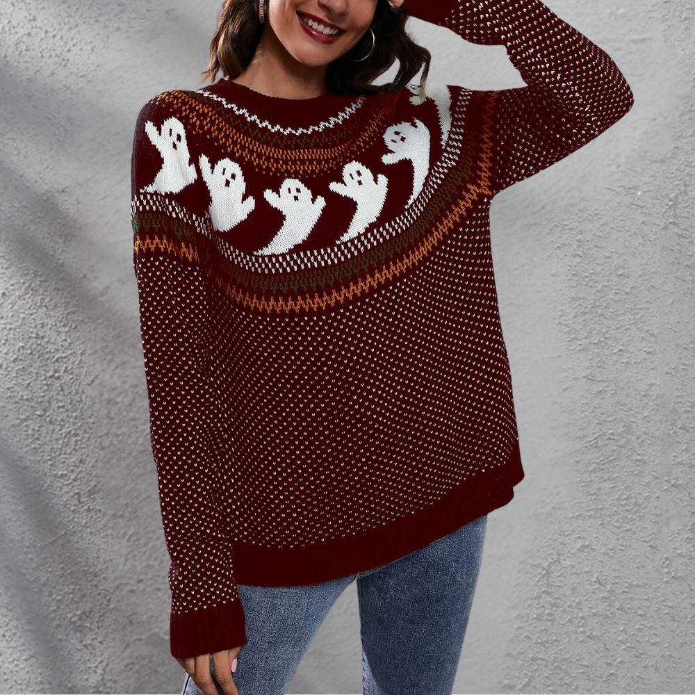 Damen Strick-Geister-Print Halloween Pullover - Langarm & Rundhalsausschnitt