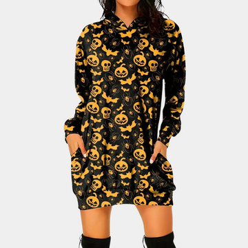 Damen Schwarzes Halloween Kostüm Kleid - Gruseliges Muster Hoodie