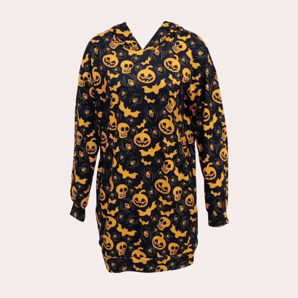 Women's Black Halloween Costume Dress - Creepy Pattern Hoodie
