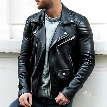 Herren Bikerjacke mit Gekerbtem Revers - Reißverschluss & Gesteppte Schultern