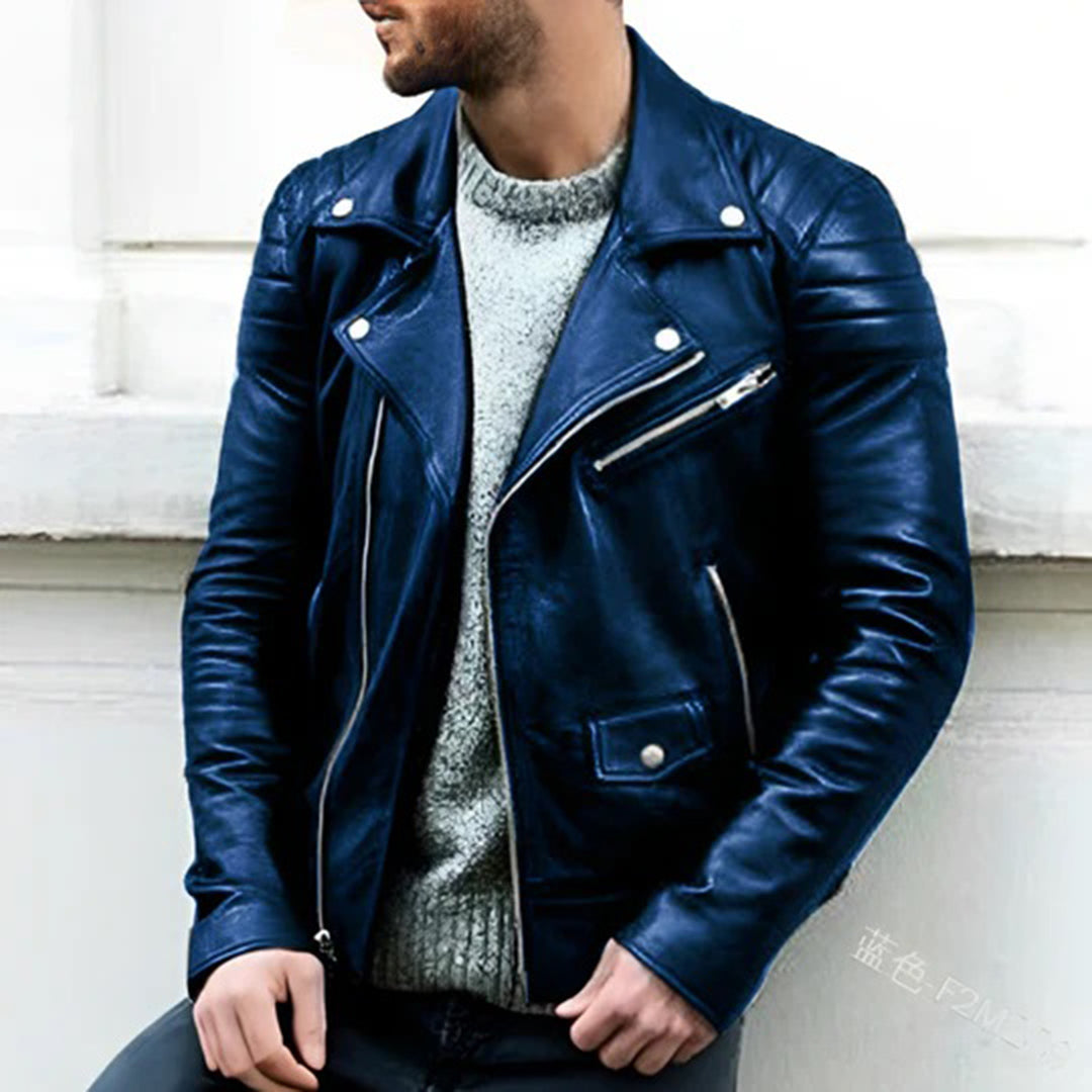 Men's biker jacket with notched lapel - zipper & quilted shoulders