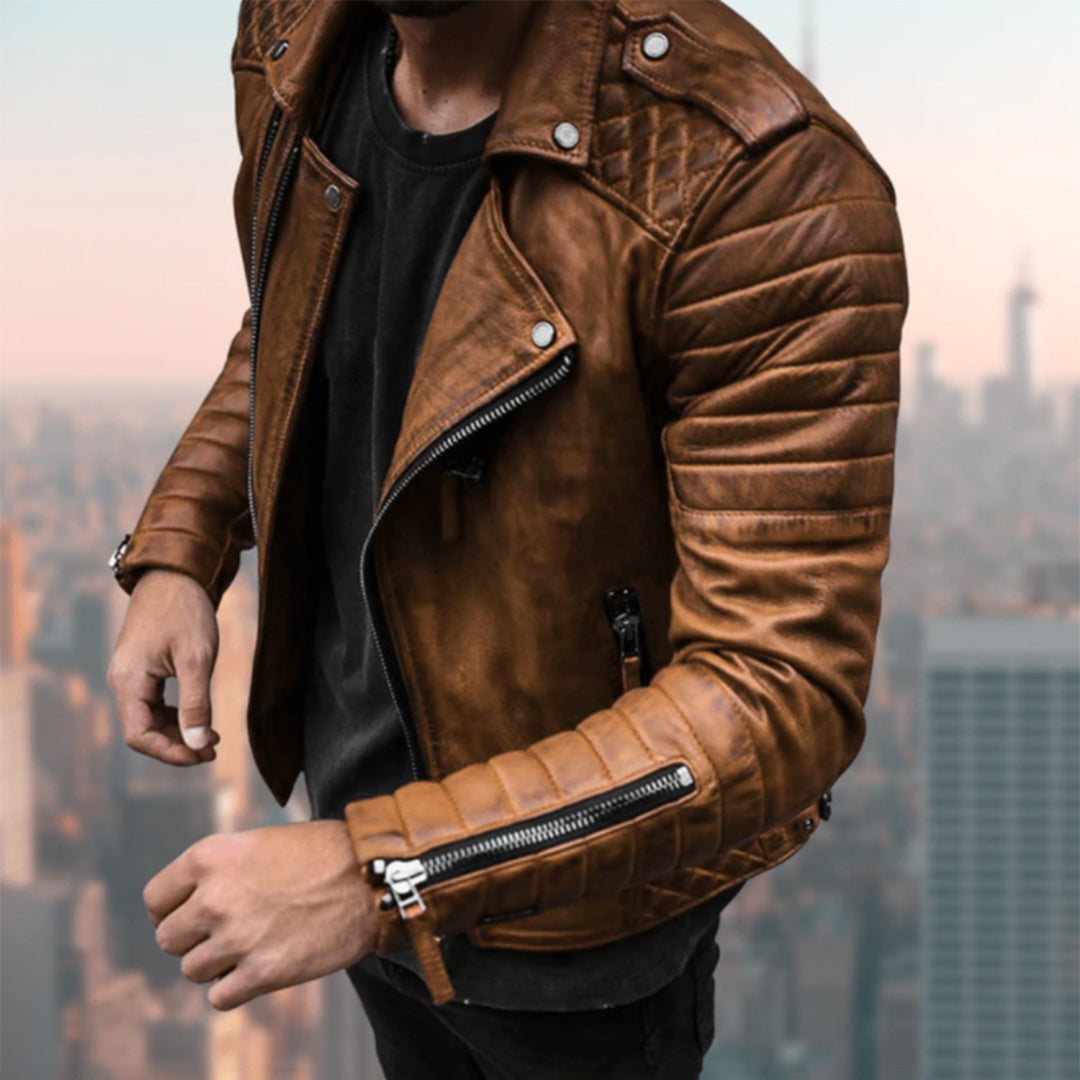 Chaqueta de motorista para hombre con solapa entallada - Cremallera y hombros acolchados
