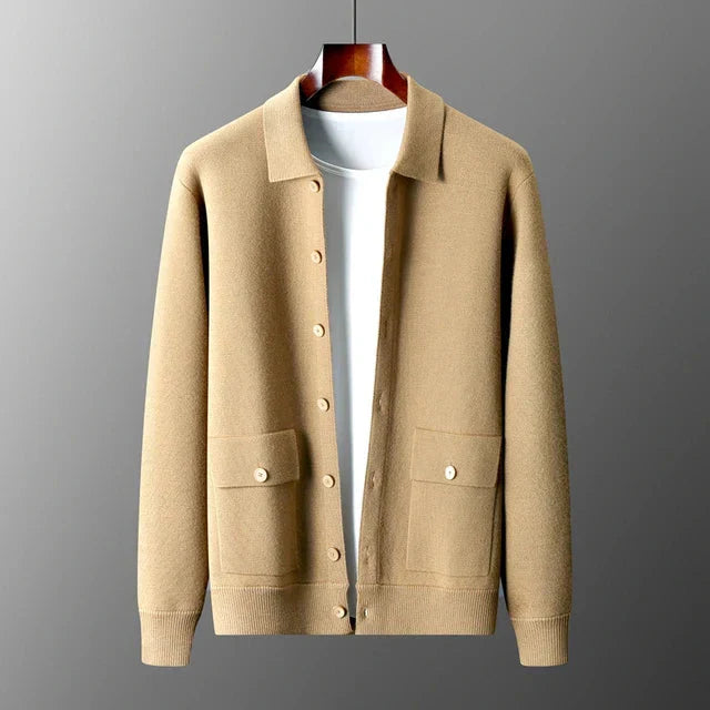 Herren Dicht Gestrickter Cardigan – Durchgehende Knopfleiste mit Pattentaschen
