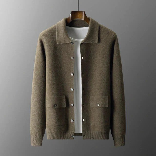 Herren Dicht Gestrickter Cardigan – Durchgehende Knopfleiste mit Pattentaschen