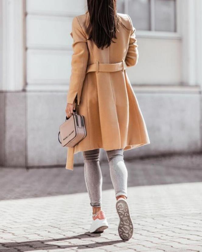 Abrigo trench largo hasta la rodilla para mujer - cinturón de lazo con solapa ancha