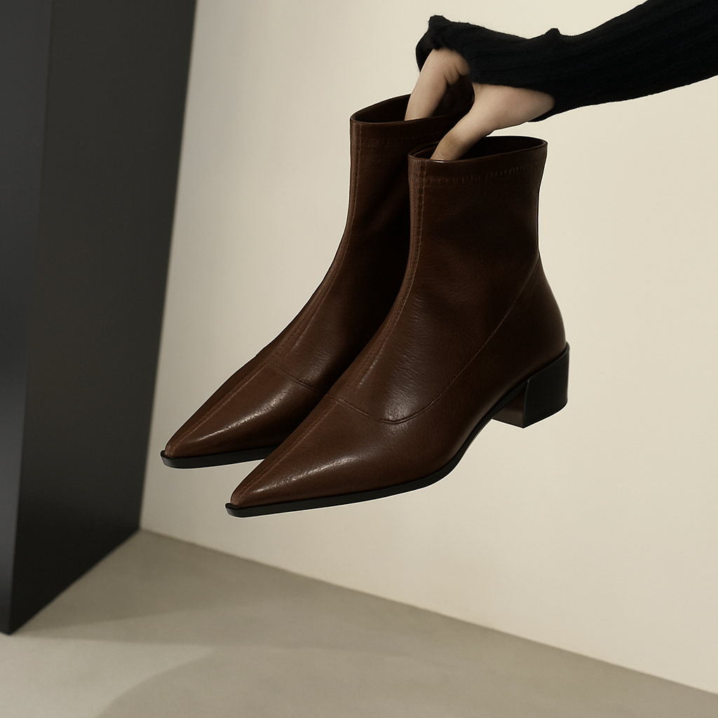 Damen Slip-On Stiefeletten – Spitzer Zehenbereich & Hoher Absatz