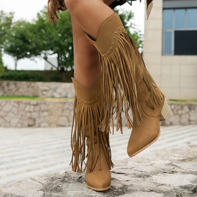Women's suede cowboy boots – western style with fringes