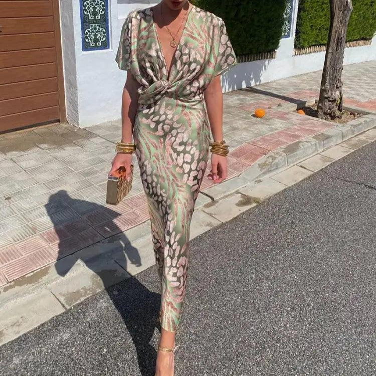 Stilvolles olivgrünes V-Ausschnitt-Blumenkleid für Damen