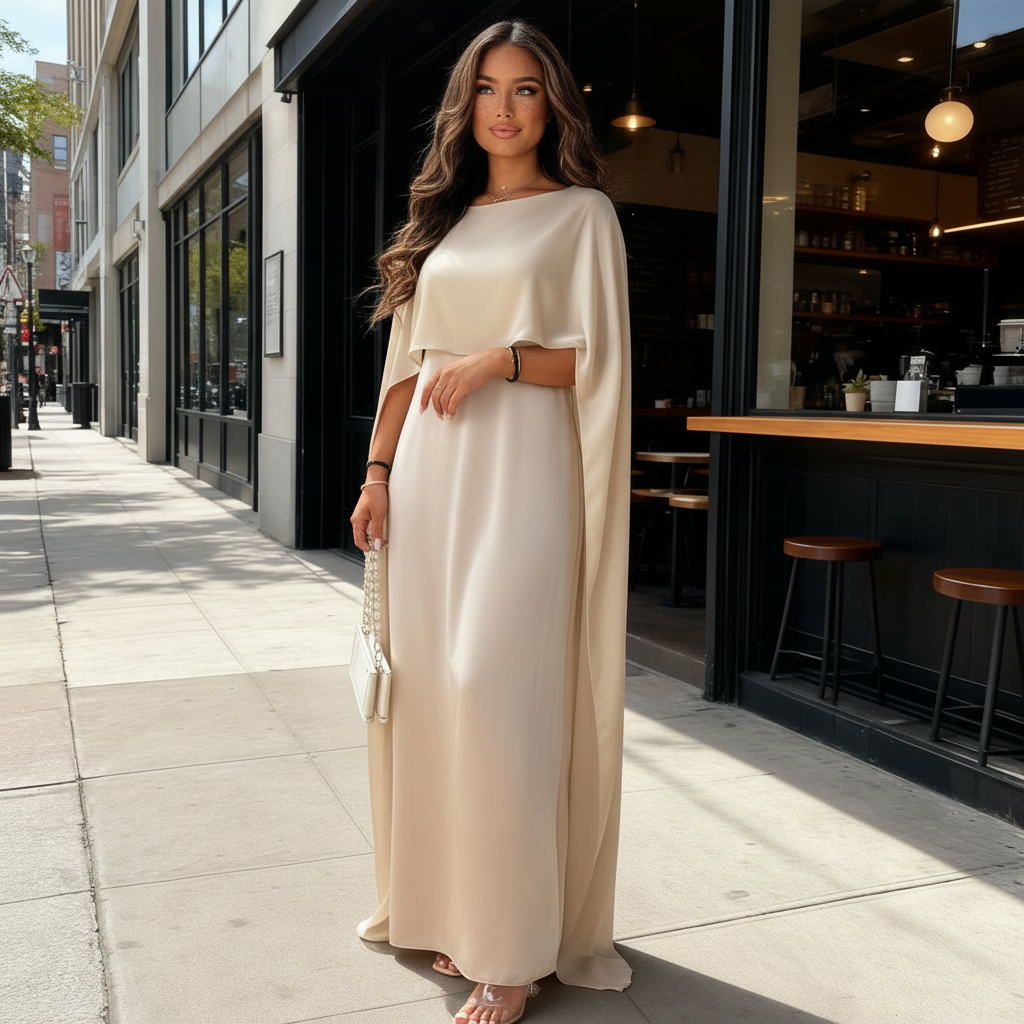 Women’s Cape Overlay Maxi Dress - Draped & Silky-Style