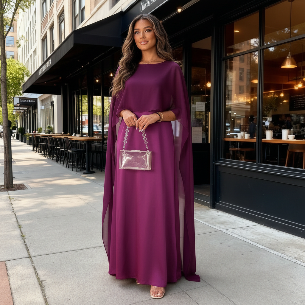 Women’s Cape Overlay Maxi Dress - Draped & Silky-Style