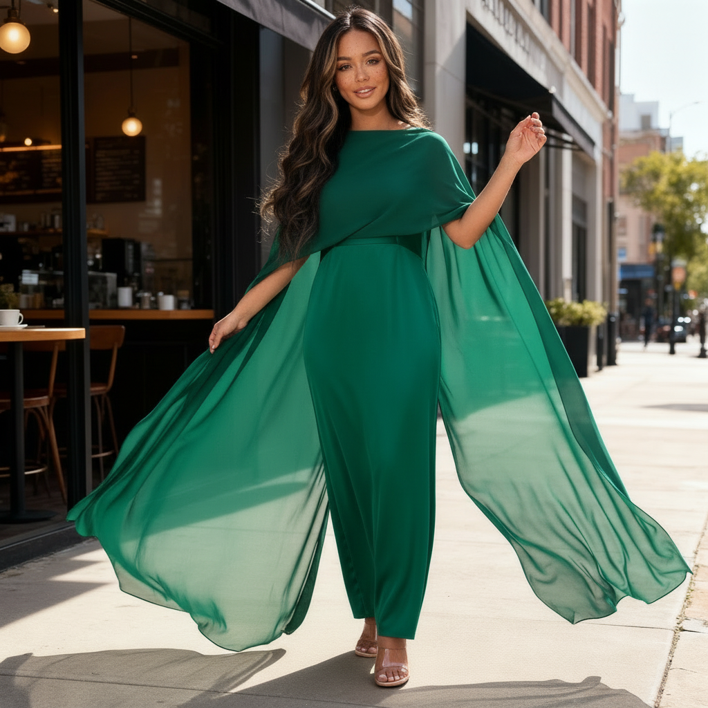 Women’s Cape Overlay Maxi Dress - Draped & Silky-Style
