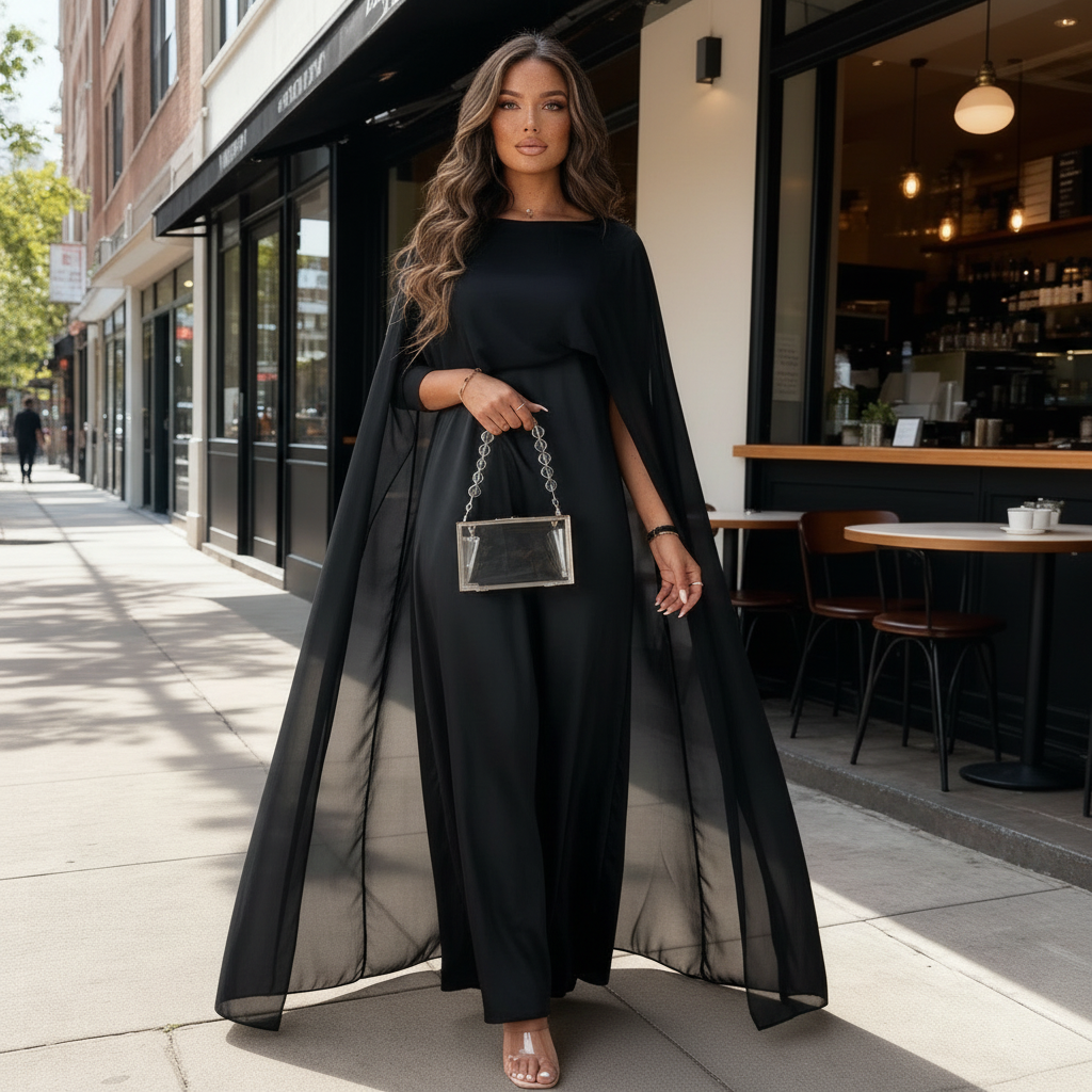 Women’s Cape Overlay Maxi Dress - Draped & Silky-Style