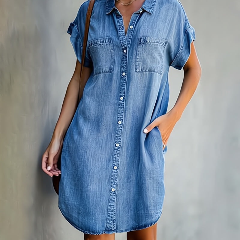 Women's Denim Mini Dress - Button Placket with Short Sleeves