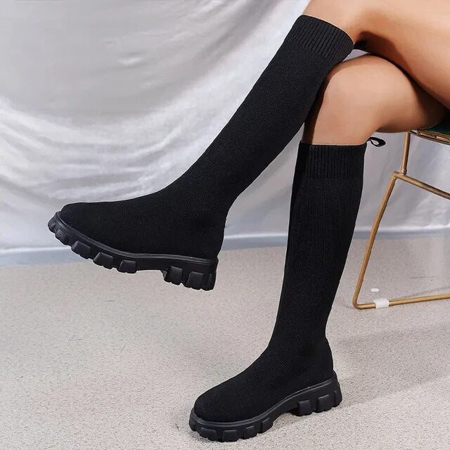 Damen Kniehohe Sockenstiefel - Gestrickt & Plateausohle