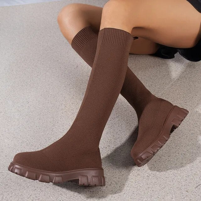 Damen Kniehohe Sockenstiefel - Gestrickt & Plateausohle