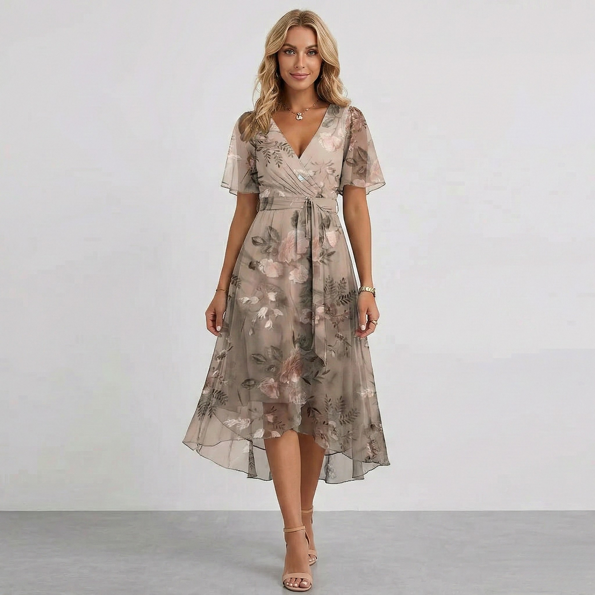 Damen Blumen Midi Hochzeitsgastkleid V-Ausschnitt und Flatterärmeln