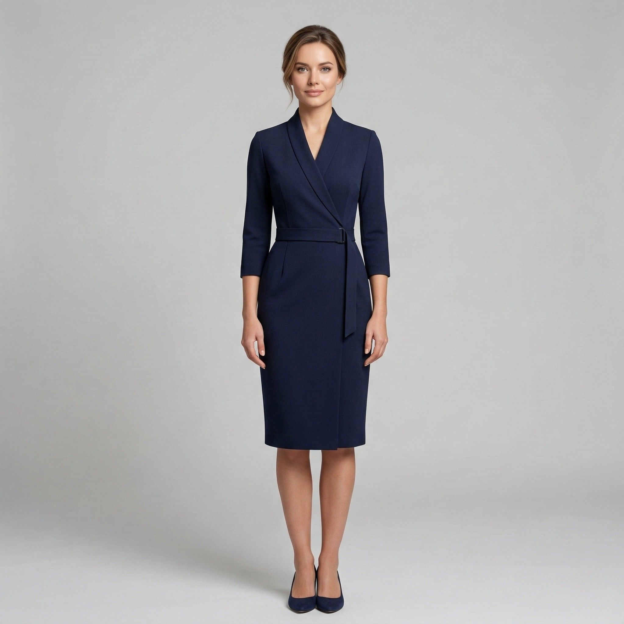 Damen 3/4 Arm Midikleid Stehkragen und Tailliertem Etuischnitt