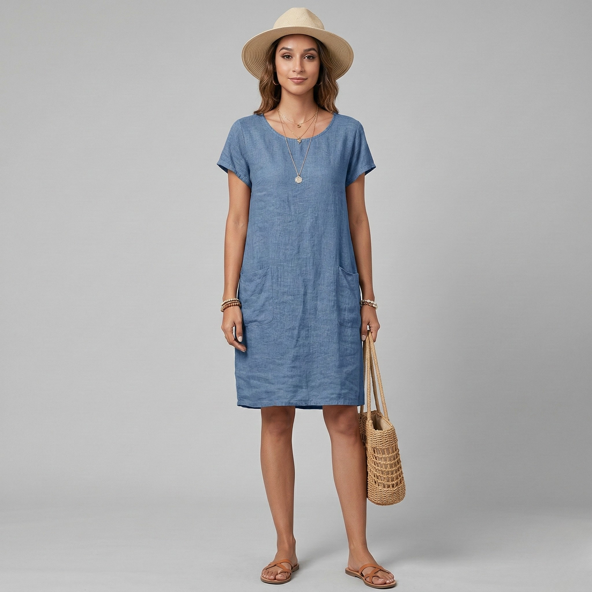 Women's Linen Mini Dress - Short Sleeve & Pockets